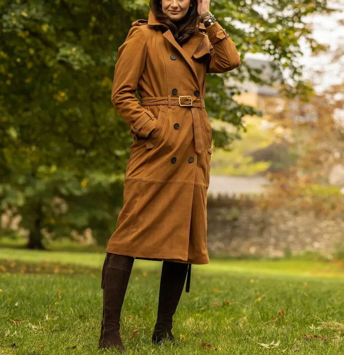 Womens Brown Suede Leather Trench Coat Size S M L XL XXL 3XL Custom Made