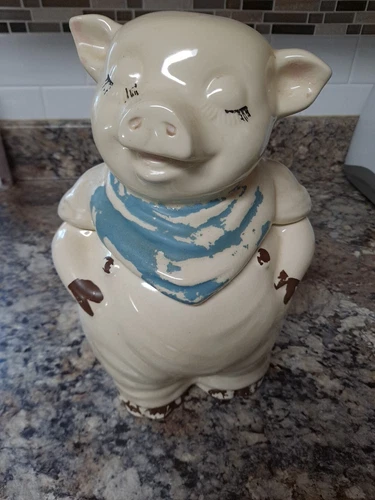 Vintage 1940's Shawnee Pottery Smiley Pig Cookie Jar Blue Scarf Made In USA