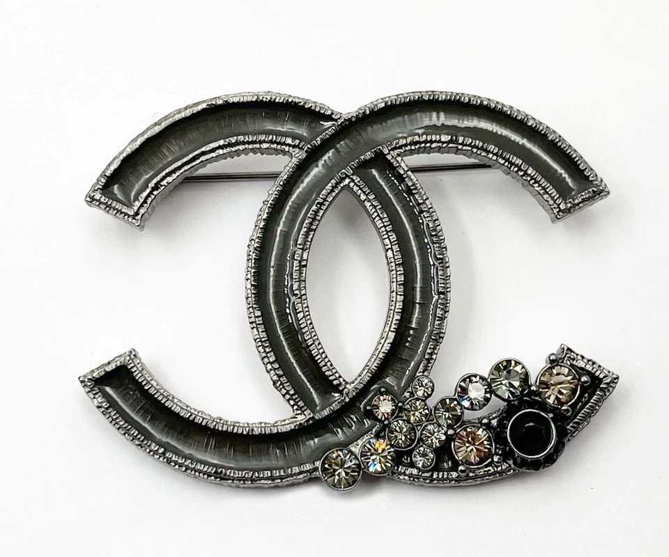 Chanel Grey Enamel CC Corner Crystals Large Brooch