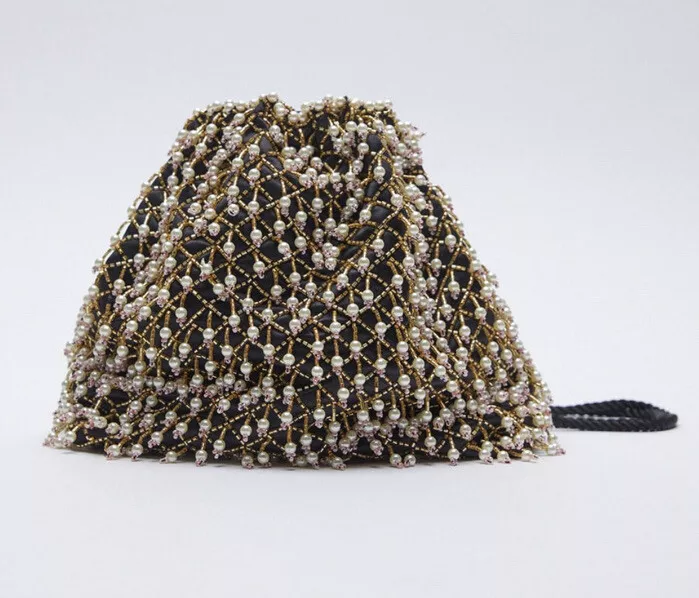 New Zara Beaded Bucket Pearl Bag With Cord Shoulder Strap