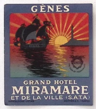 Grand Hotel Miramare GENES GENOA  ITALY c1940 Art Deco Luggage Label 2.75"