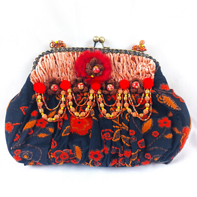 Mary Frances Handbag Purse Pocketbook Black Floral Red Snap Closure Beads