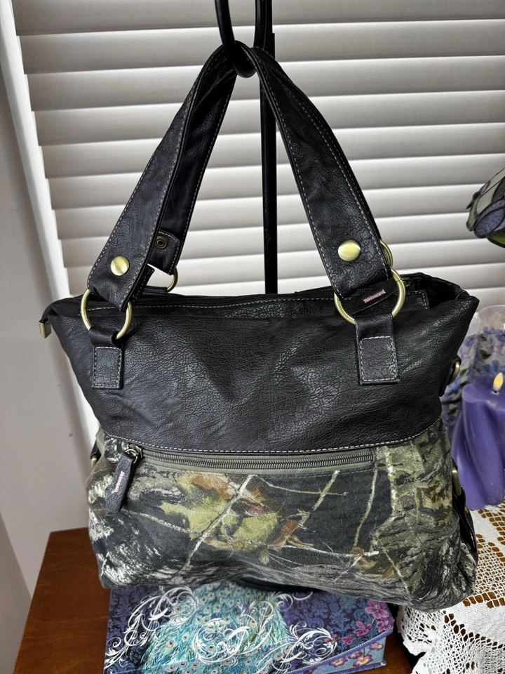 MOSSY OAK 100% 棉和皮革迷彩大号手提包,状况非常好 A++++ — 第 2/4 张图片