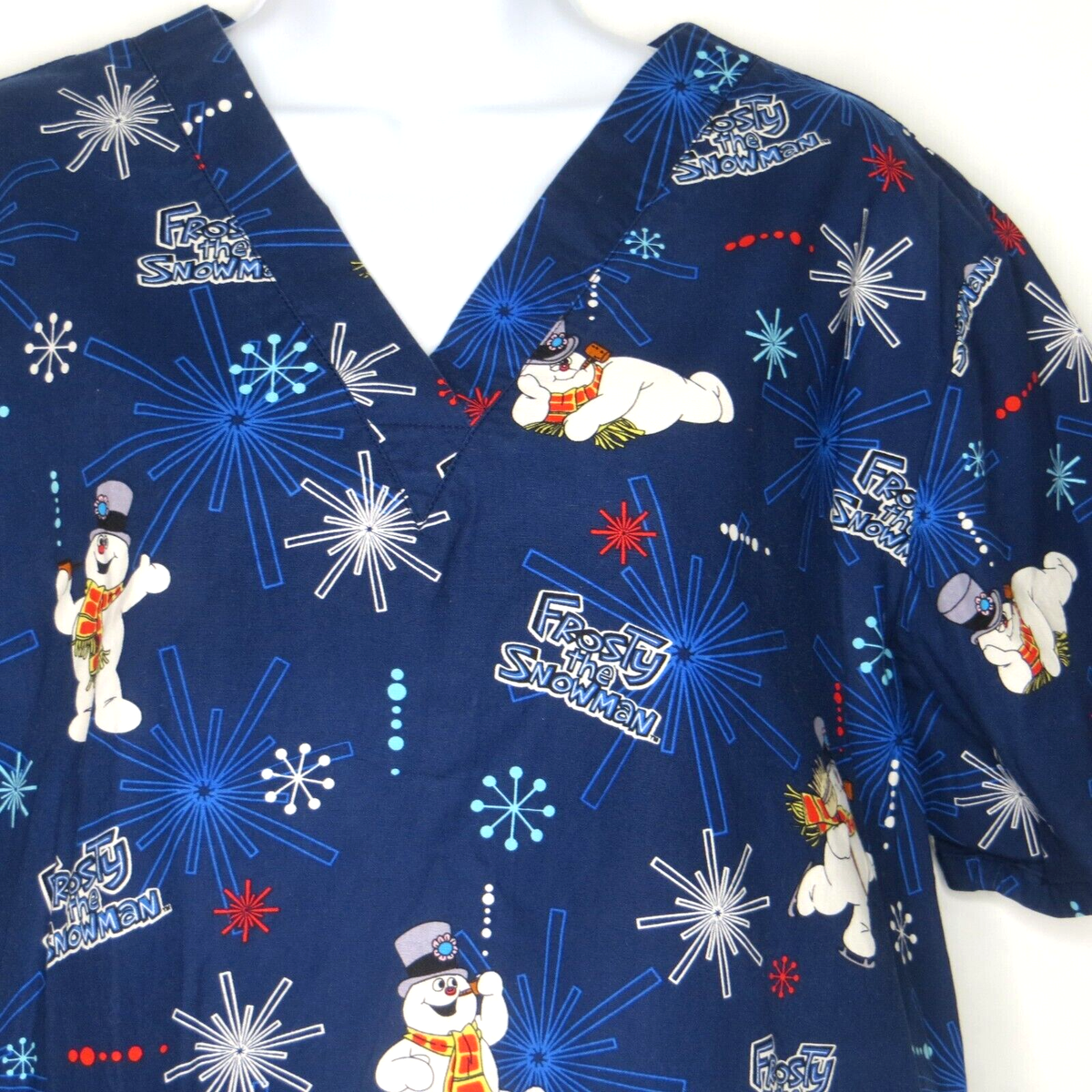 Frosty the Snowman Large Scrub Top Blue SS Christmas Medical Nurse