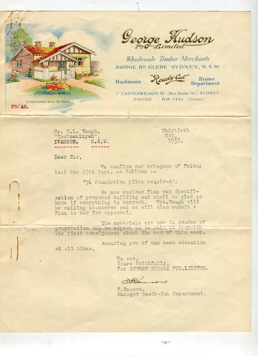 Letterhead George Hudson Sydney 1938 Timber Merchants Homes