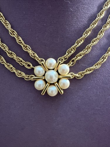 Monet Necklace Faux Pearl with 3 Strand Goldtone Rope - Picture 2 of 5