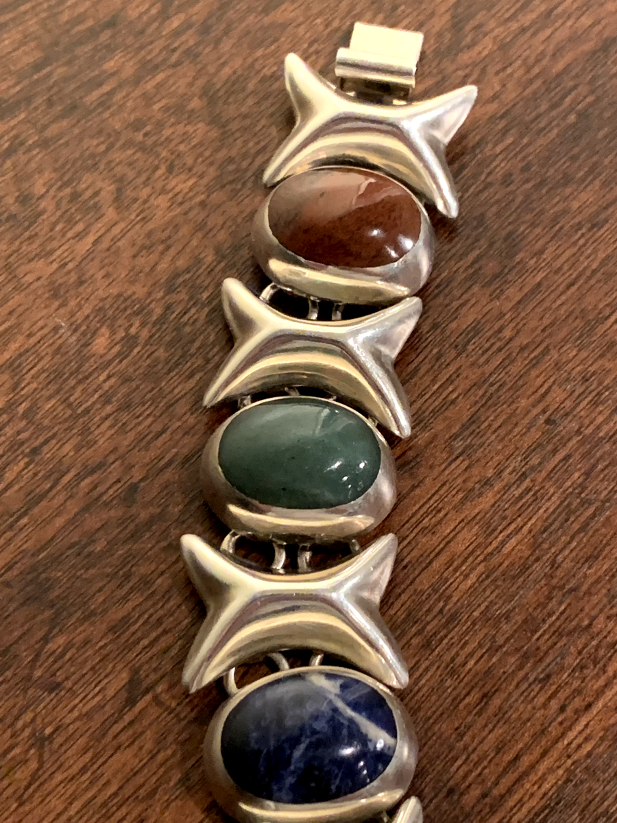 Sterling Silver Vintage Mexican Multi-Gemstone Bracelet T2-17