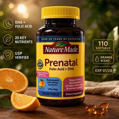 Nature Made Prenatal Folic Acid + DHA 110 Softgels Exp 01/28 USP Verified