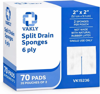 Vakly Split Drain Sponge Gauze 2X2 Sterile 6 Ply Pads [Pack of 70] Absorbent Pre