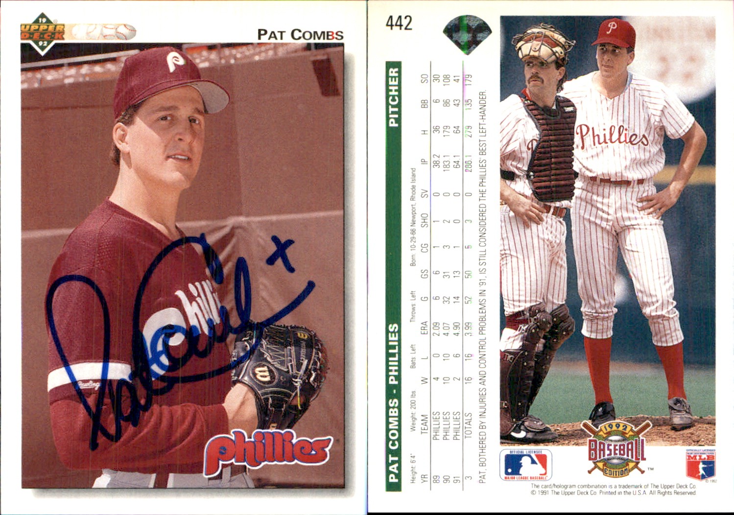 Pat Combs Signed 1992 Upper Deck #442 Card Phillies Auto AU Autograph Den