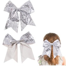 2 Packs Jumbo Silver Cheerleading Bow 8 Inch Large Hair Bows Alligator Clips