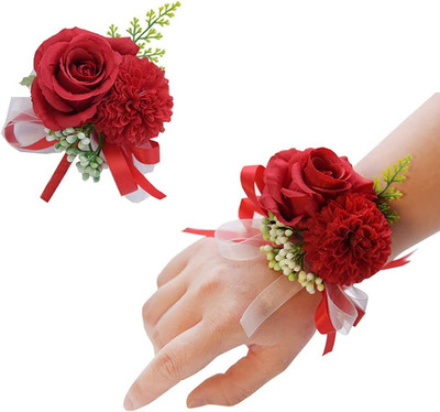 2PCS Rose Flower Wrist Corsage Boutonniere Set Handmade Artificial Corsage Set B