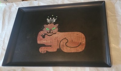 Couroc of Monterey CA 18'' Tray wood brass inlaid King Cat  Crown