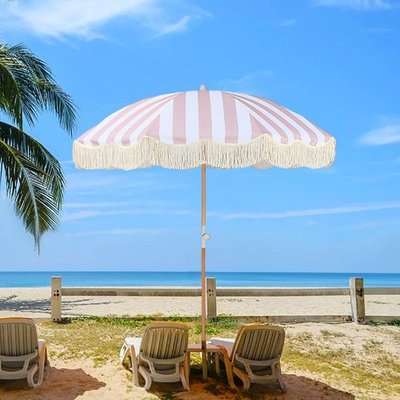 #ad 6ft Portable Beach Umbrellas For Sand Pink Striped Boho Fringe Umbrella Outdo... $97.17