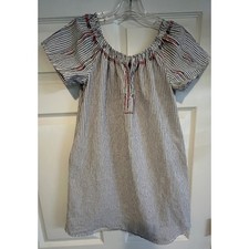 BOHO Knox Rose Blue White Striped Embroidered Shift Dress with Pockets XS