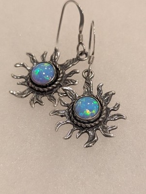 925 Sterling Silver Antique Patina Blue Opal Sun Earrings