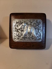 Teak Wood Pressed Tin Thai Elephant Plate Velvet Lining Jewelry TRINKET BOX