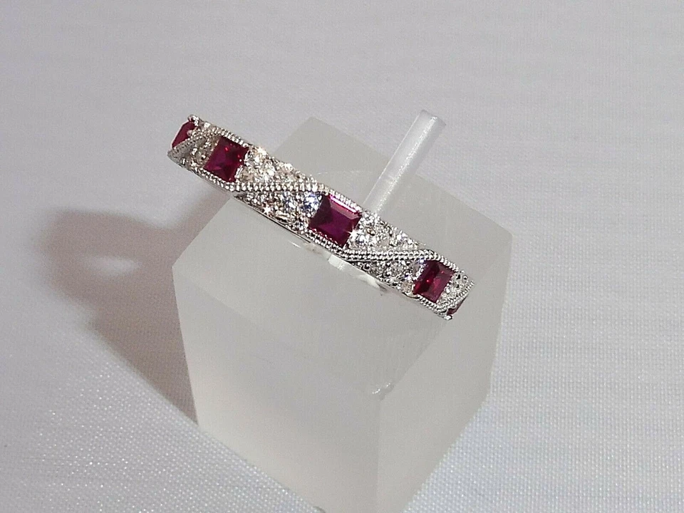 Ladies Art Deco Halo Style 925 Sterling Silver Sapphire & Ruby Eternity Ring - Image 2 of 4