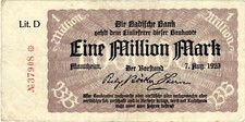 Banknote 1 Million Mark 1923 Mannheim Badische Bank BAD-11a Ro.713a P-S912(1)