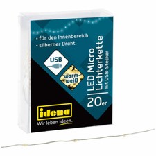 Idena 20er LED Micro Lichterkette warmwei&szlig; f&uuml;r innen USB-Stecker silberner Draht