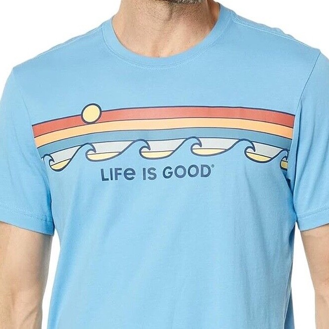 NWT Men's Life Is Good Retro Wave Stripe Ocean Blue LITE SS