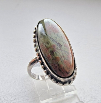NATIVE AMERICAN   925 STERLING SILVER NATURAL  24x11 mm. UNAKITE RING SIZE 5.75