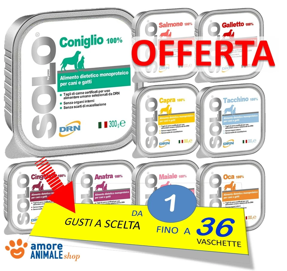DRN SOLO 100 gr da 1 FINO a 36 vaschette per CANI e GATTI GUSTI A SCELTA