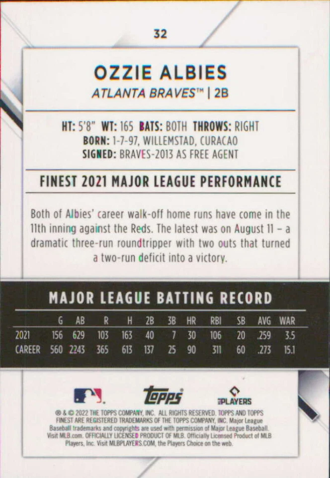 2022 Topps Finest #32 Ozzie Albies  Atlanta Braves Baseball Card  - Image 2 of 2