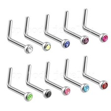 10pcs. Assorted Gem Colors Surgical Steel L-Bend 2mm Press Fit Gem Top Nose Stud