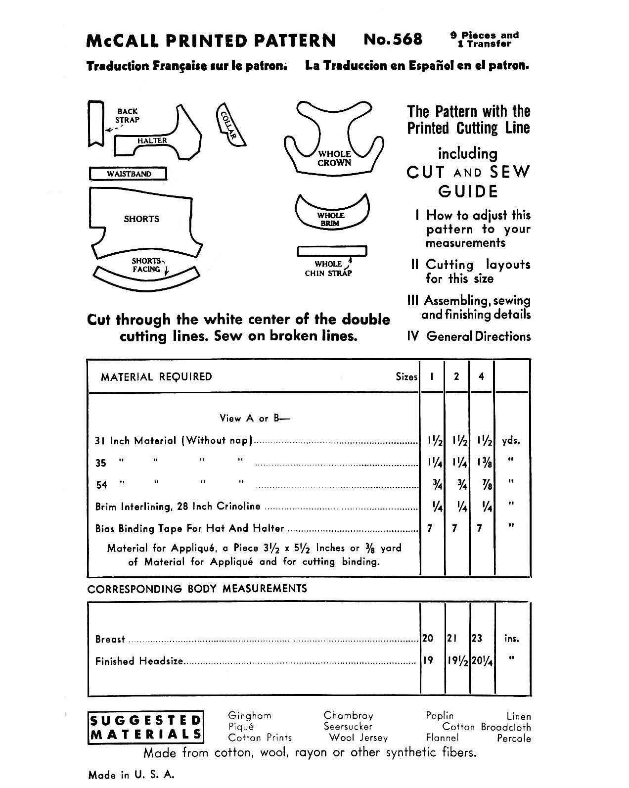 Childs SUN SUIT w BONNET Hat Bunny Applique RARE McCall 568 Vtg Sewing Pattern