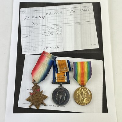 WW1 Mons Star Medal Trio Private George Jermyn 2nd Suffolk Regiment 3/9080