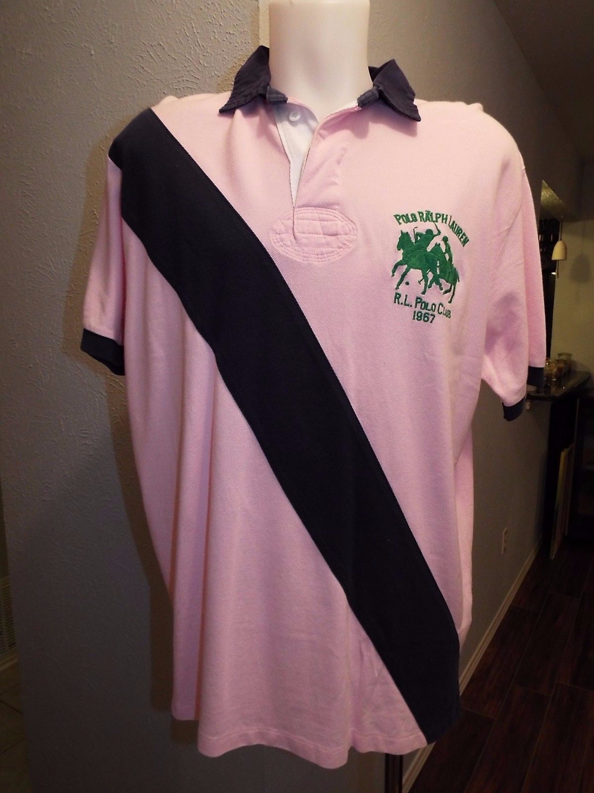 PONY NUOVA XL camicia uomo Ralph Lauren POLO MESH rosa con frangia blu e verde grande $98