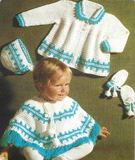 Baby Poncho, Coat, Bonnet and Mitts Crochet Pattern 4ply 20" 693 