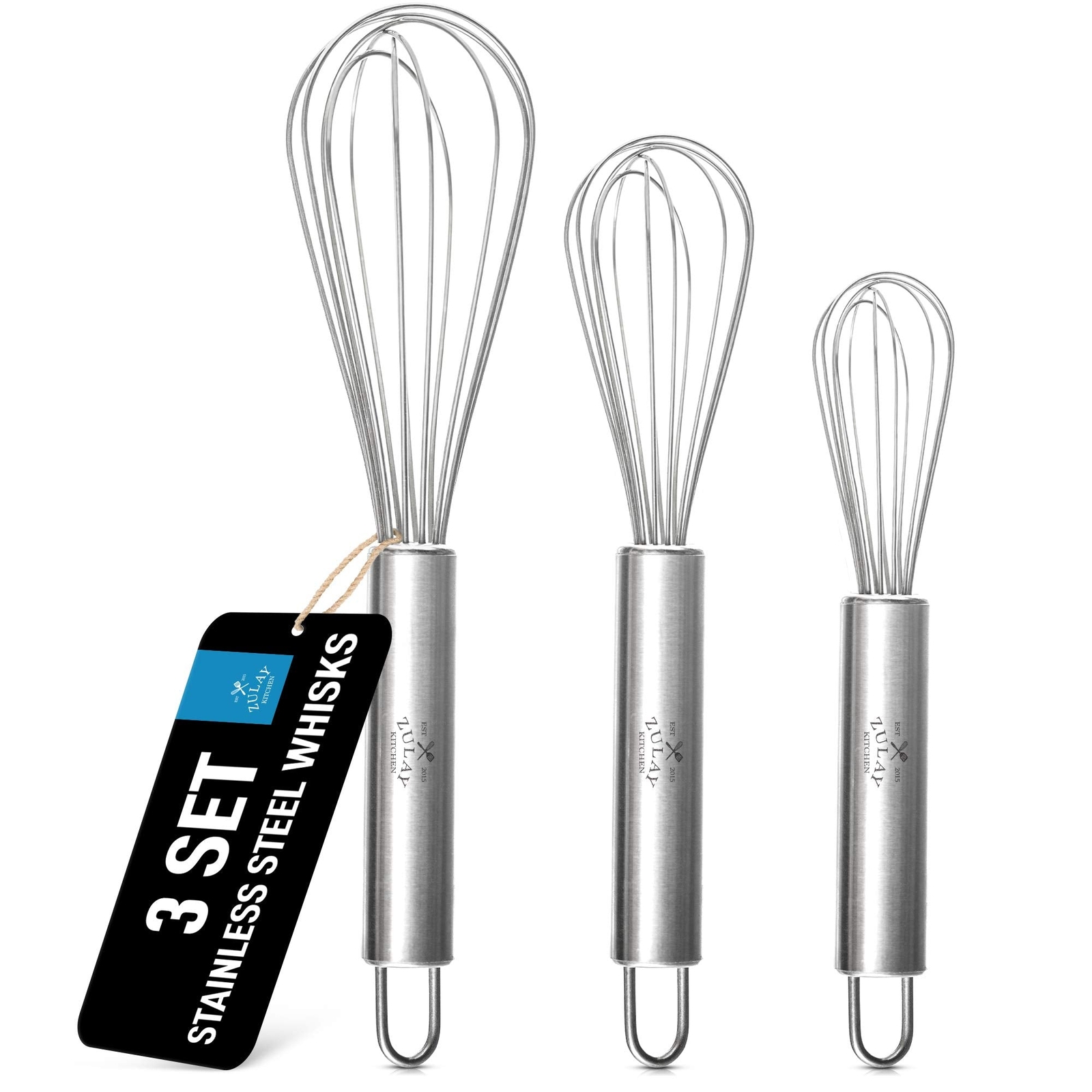 Sturdy 3-Pack Stainless Steel Whisks 8 10 12 Inches 7-Wire Design