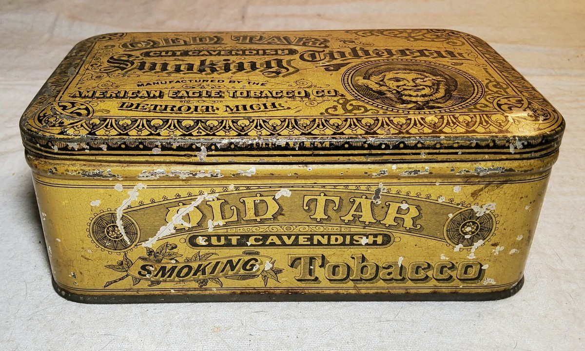 golden eagle tobacco tin RARE ANTIQUE OLD TAR CUT CAVENDISH SMOKING TOBACCO GINNA TIN AMERICAN EAGLE  T.CO