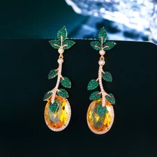 Green Yellow Cubic Zircon Leaf Big Oval Earring Women Yellow Gold Plated Jewelry