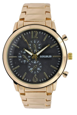 Goldlis Herren Armband Uhr Quarz 46mm Chrono Look Schwarz Gold Farben Neu