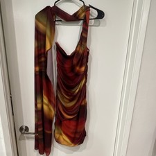 Fashion Nova Multicolor Abstract Ruched Bodycon Dress Cowl Neck Sleeveless Scarf