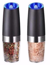 Electric Salt and Pepper Grinder Set of 2: Luxury Stainless with Blue LED Light 