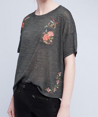 Anthropologie Akemi + Kim Embroidered Floral Petal T Shirt XS Green Boho Cottage
