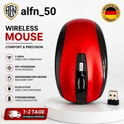 Funk Maus Büro Kabellos  Rot USB Wireless Mouse Für PC Laptop