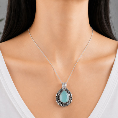 Aqua Chalcedony Gemstone Jewelry 925 Silver Handmade Pendant 1.02'' For Mother