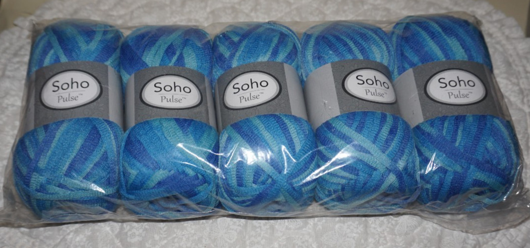 5 Skeins, Soho, "Pulse", Shades of Blue Ombre, Polyester, Ribbon Yarn