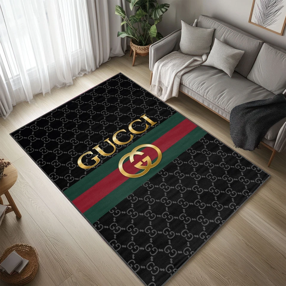 Black Gucci Area Rug, Famous Brand Themed Carpet, Living Room Mat Decor - Image 3 of 4