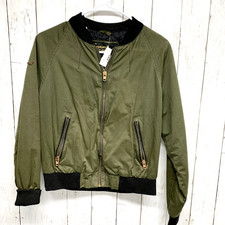 Superdry Women’s Size M Khaki Full Zip Hunter Green Gold Zip Bomber Jacket Coat