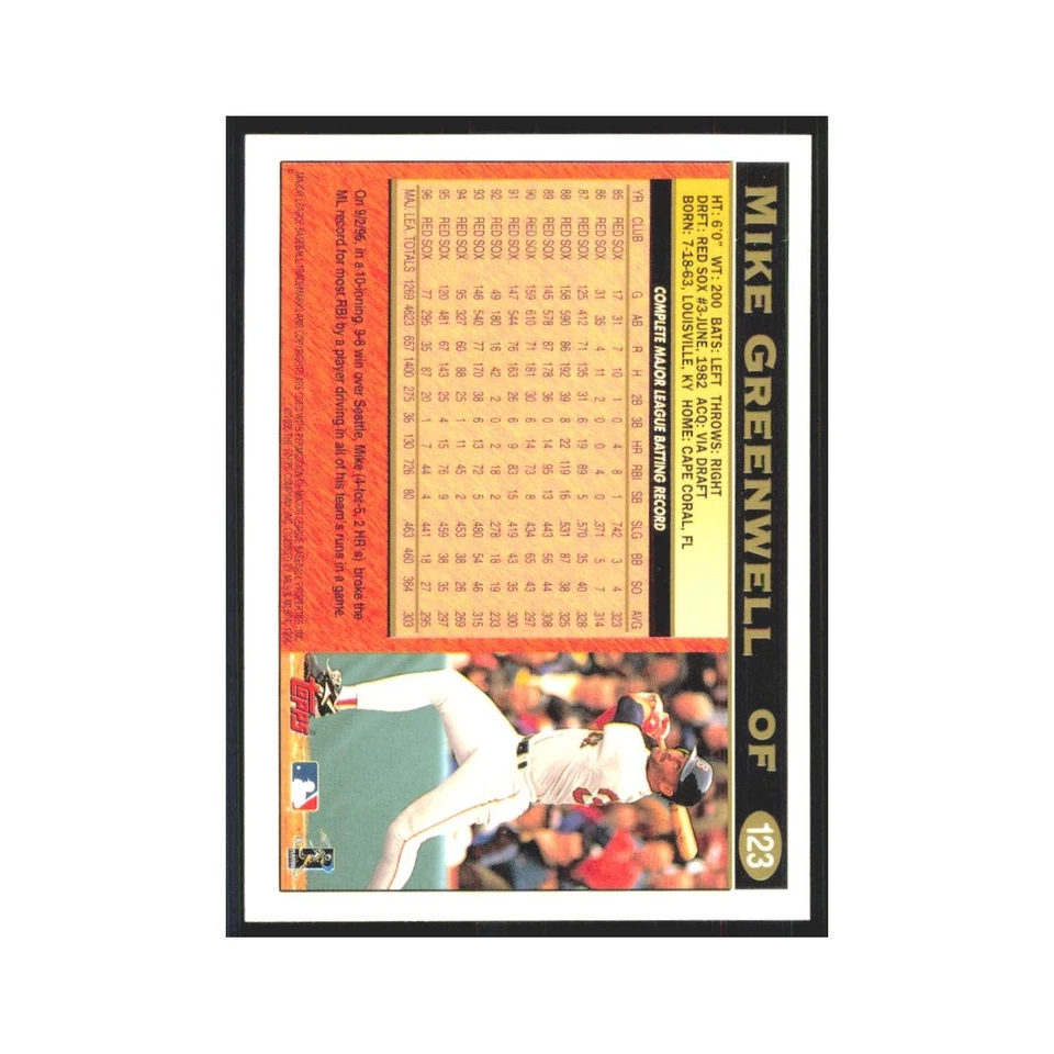 1997 Topps Mike Greenwell Red Sox #123 - Image 2 of 3