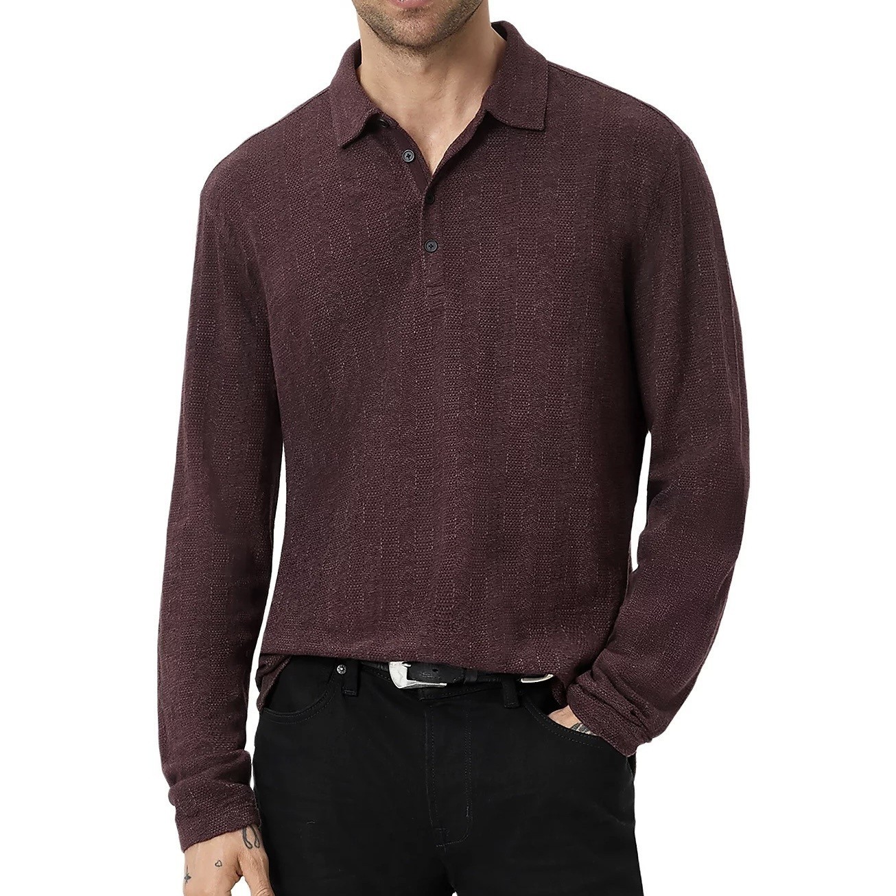 John Varvatos Collection Mens Long Sleeve Jalen Jacquard Knit Polo Shirt Plum 20290₽