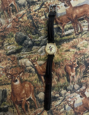 Disney Minnie Mouse Quartz Analog Watch Gold Case Black Leather Strap