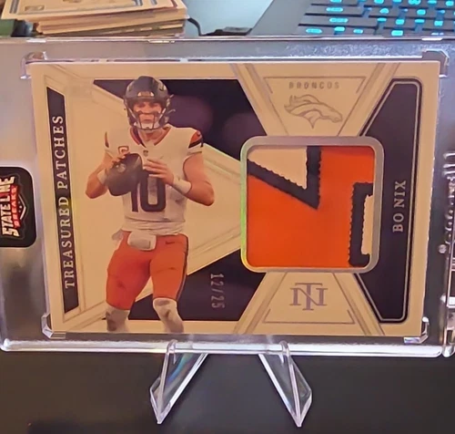 24 Panini National Treasures Treasured Patches Bo Nix #TP-BNX Silver /25 MEM, RC