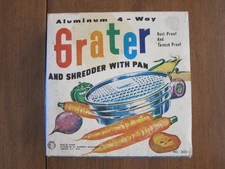 VINTAGE ALUMINUM 4-WAY GRATER & SHREDDER WITH PAN IN ORIGINAL BOX